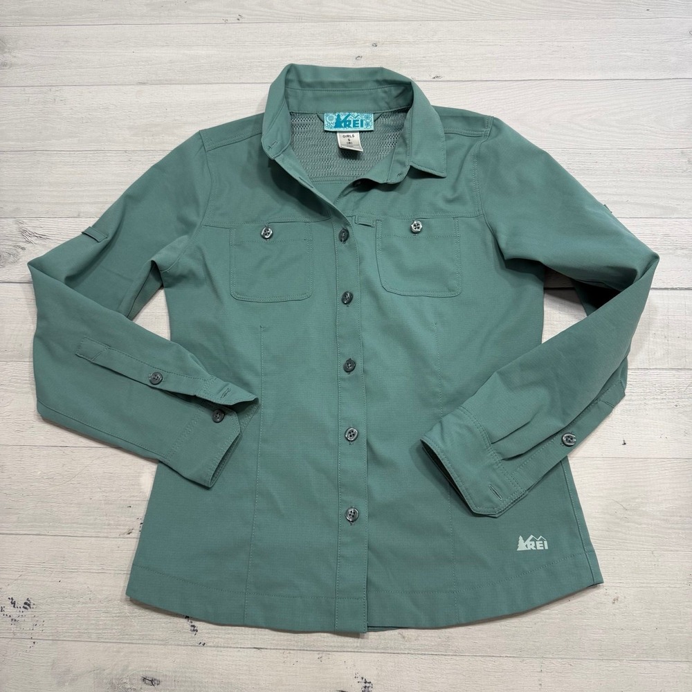 REI Long Sleeve Button Up‎ Shirt Youth Girls size 8 teal aqua blue